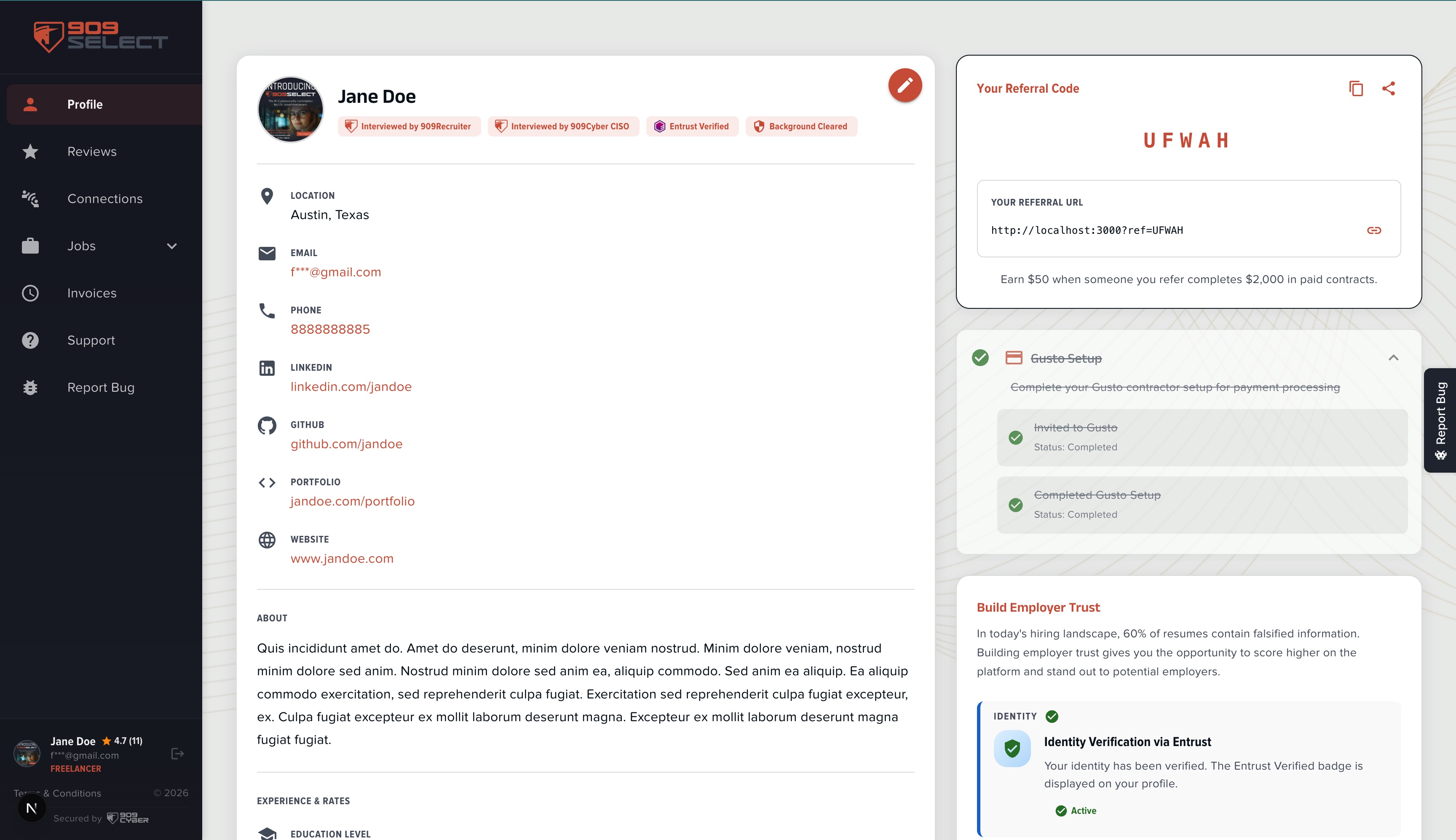 909Select Platform Dashboard showing Match Score and Project Status