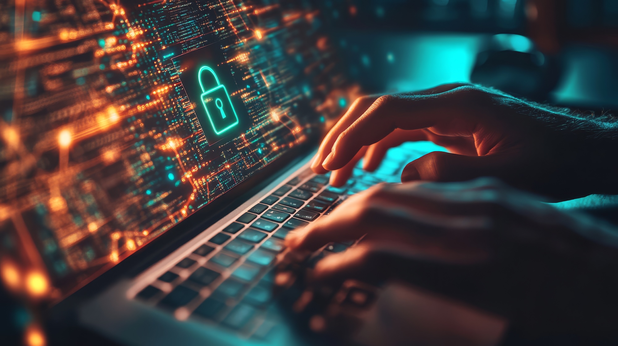 Person typing on laptop with security padlock